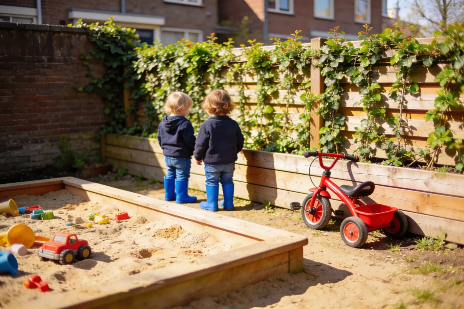 De buitenruimte met zandbak en driewieler